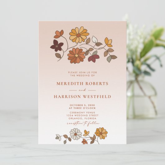 Whimsical Retro Bloemen QR Code Bruiloft Kaart (Staand voorkant)