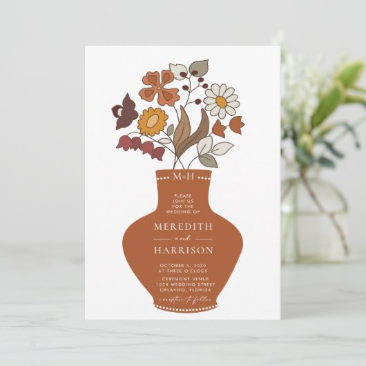 Whimsical Retro Bloemen QR Code Bruiloft Kaart (Staand voorkant)