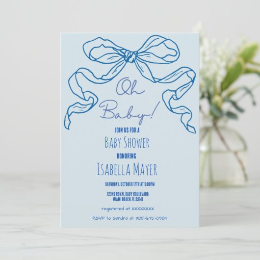 Whimsical Retro Blue Hand getrokken boog Oh Baby s Kaart (Staand voorkant)