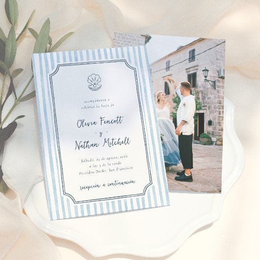 Whimsical Retro Blue Stripes Spanish Wedding Kaart