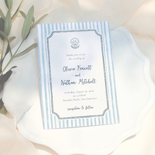 Whimsical Retro Blue Stripes Wedding Kaart