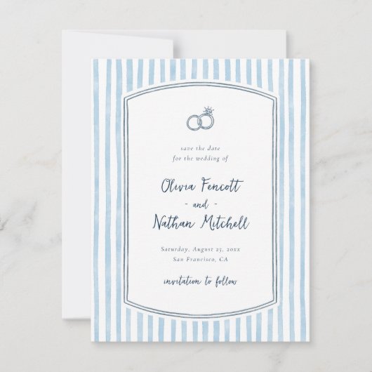 Whimsical Retro Blue Stripes Wedding Save the Date (Voorkant)