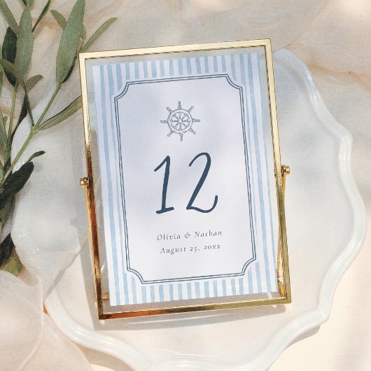 Whimsical Retro Blue Stripes Wedding Table Number Kaart