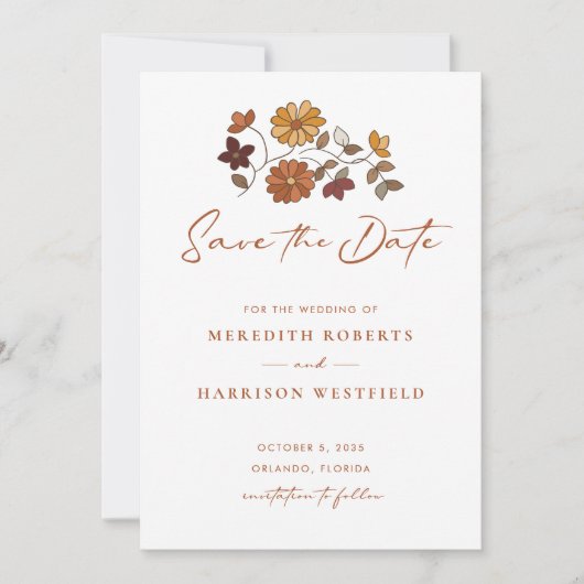Whimsical Retro Boho Bloemen Bruiloft Save The Date (Voorkant)