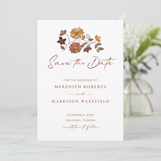 Whimsical Retro Boho Bloemen Bruiloft Save The Date (Staand voorkant)