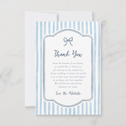 Whimsical Retro Bow & Blue Stripes Wedding Bedankkaart (Voorkant)