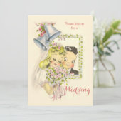 Whimsical Retro Bride en Groom Wedding Kaart (Staand voorkant)
