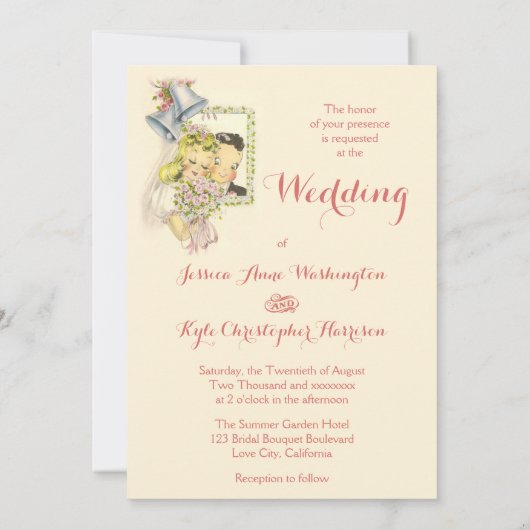 Whimsical Retro Bride en Groom Wedding Kaart (Achterkant)