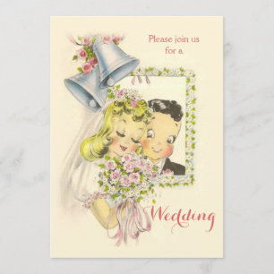 Whimsical Retro Bride en Groom Wedding Kaart