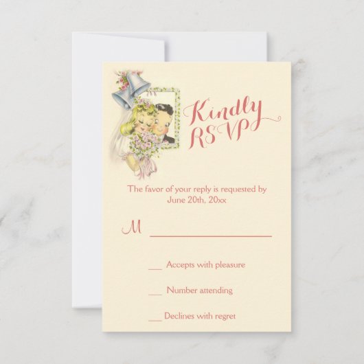 Whimsical Retro Bride en Groom Wedding RSVP (Achterkant)