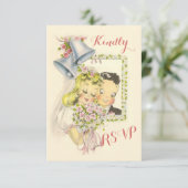 Whimsical Retro Bride en Groom Wedding RSVP Kaartje (Staand voorkant)