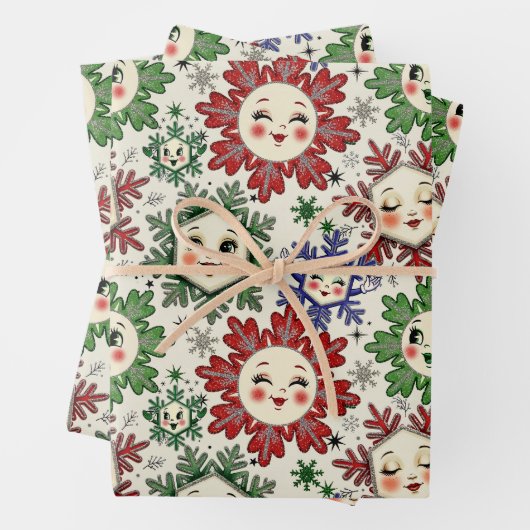 Whimsical Retro Christmas Snowflakes Inpakpapier Vel (In situ)