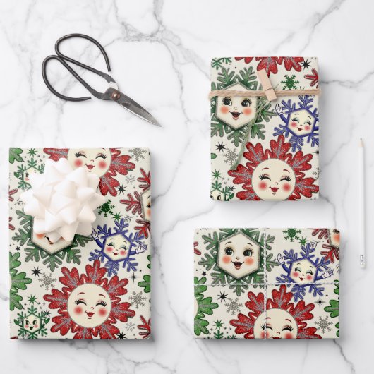 Whimsical Retro Christmas Snowflakes Inpakpapier Vel (Voorkant)