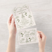 Whimsical Retro Doodle Art Wedding All In One Uitnodiging (Afscheurbaar)