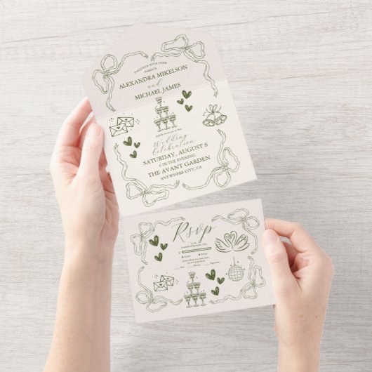 Whimsical Retro Doodle Art Wedding All In One Uitnodiging (Afscheurbaar)