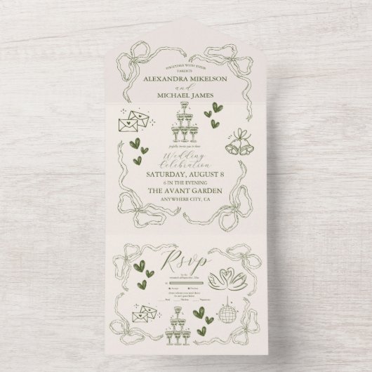 Whimsical Retro Doodle Art Wedding All In One Uitnodiging (Binnen)