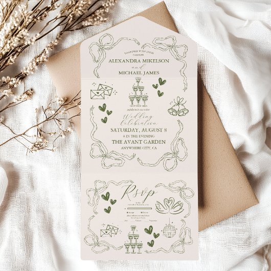 Whimsical Retro Doodle Art Wedding All In One Uitnodiging