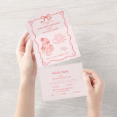 Whimsical Retro Doodle Art Wedding All In One Uitnodiging (Afscheurbaar)