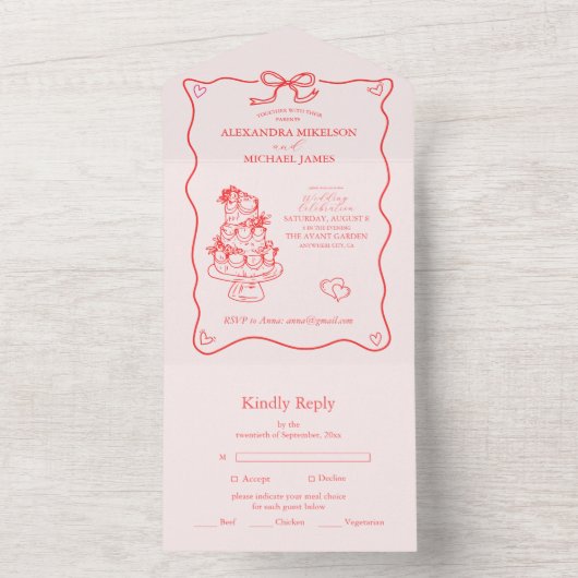 Whimsical Retro Doodle Art Wedding All In One Uitnodiging (Binnen)