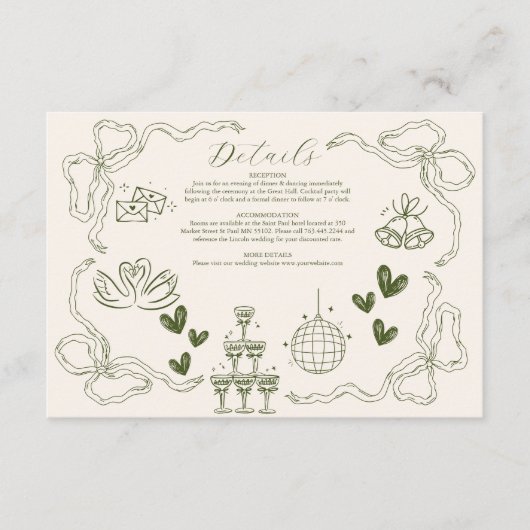 Whimsical Retro Doodle Art Wedding Informatiekaartje (Voorkant)