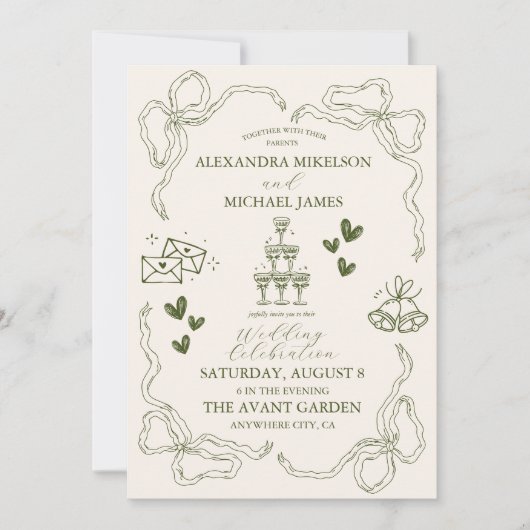 Whimsical Retro Doodle Art Wedding Kaart (Voorkant)