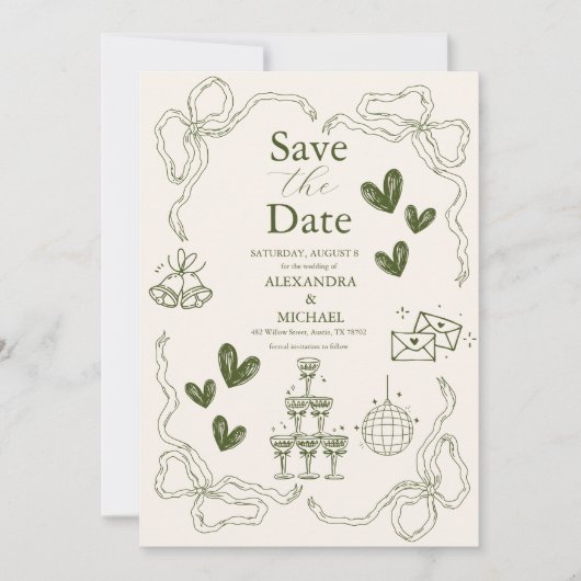 Whimsical Retro Doodle Art Wedding Save The Date (Voorkant)