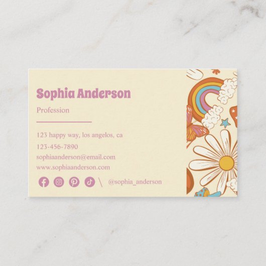 Whimsical Retro Floral – 70s-geïnspireerde Paarse Visitekaartje (Achterkant)