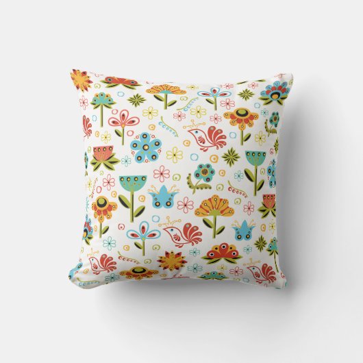 Whimsical Retro Flowers en Birds Kussen (Voorkant)