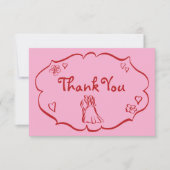 Whimsical Retro Hand getekend Roze Rode bruiloft Bedankkaart (Voorkant)