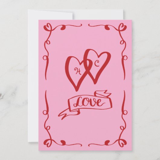 Whimsical Retro Hand getekend Roze Rode bruiloft Kaart (Achterkant)