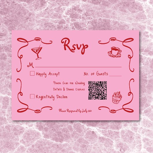 Whimsical Retro Hand getekend Roze Rode bruiloft Q RSVP Kaartje