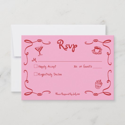 Whimsical Retro Hand getekend Roze Rode bruiloft RSVP Kaartje (Voorkant)