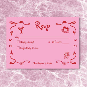 Whimsical Retro Hand getekend Roze Rode bruiloft RSVP Kaartje