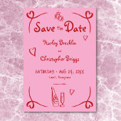 Whimsical Retro Hand getekend Roze Rode bruiloft Save The Date