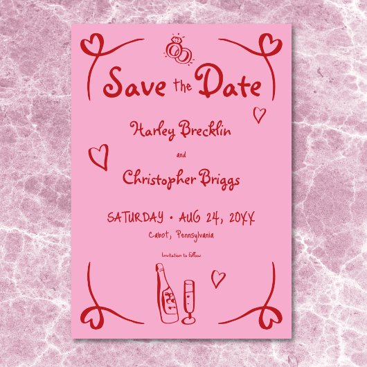 Whimsical Retro Hand getekend Roze Rode bruiloft Save The Date