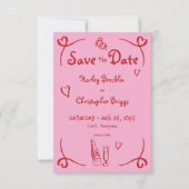 Whimsical Retro Hand getekend Roze Rode bruiloft Save The Date (Voorkant)