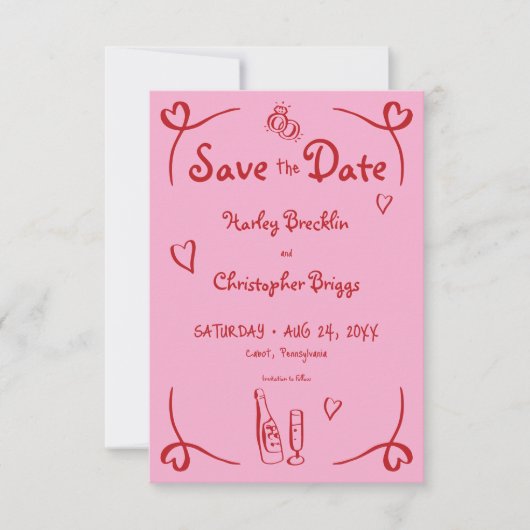 Whimsical Retro Hand getekend Roze Rode bruiloft Save The Date (Voorkant)