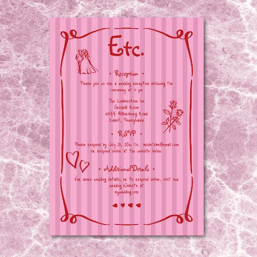 Whimsical Retro Hand getekend Roze Rode Streep Wed Informatiekaartje