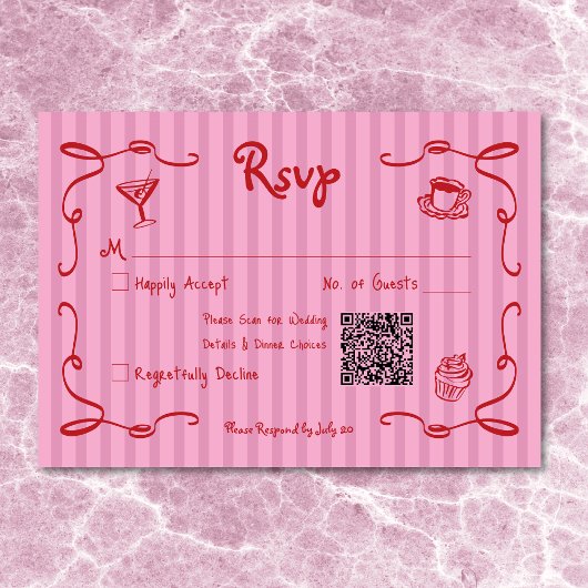 Whimsical Retro Hand getekend Roze Rode Streep Wed RSVP Kaartje