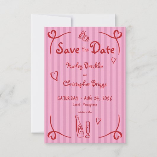 Whimsical Retro Hand getekend Roze Rode Streep Wed Save The Date (Voorkant)