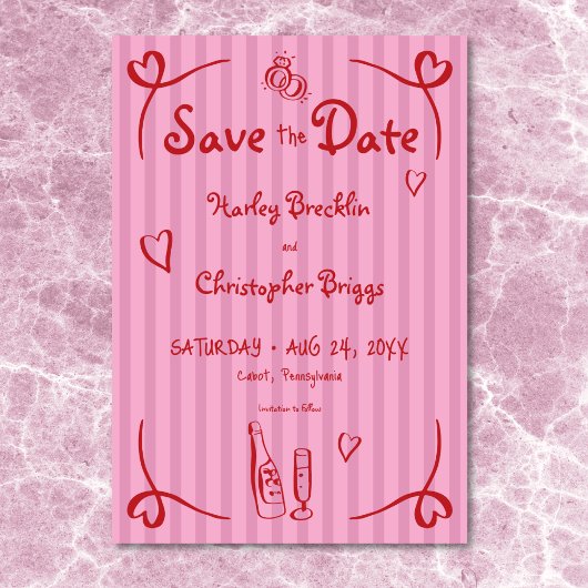 Whimsical Retro Hand getekend Roze Rode Streep Wed Save The Date