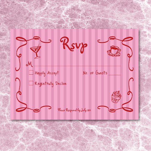 Whimsical Retro Hand getekend Roze Rode Wedding St RSVP Kaartje