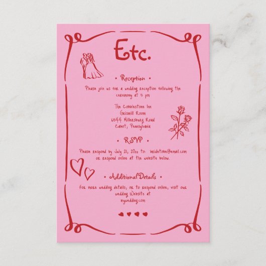 Whimsical Retro Hand getekend Roze Rood bruiloft D Informatiekaartje (Voorkant)