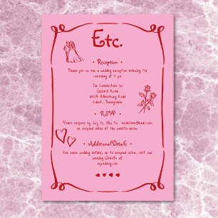 Whimsical Retro Hand getekend Roze Rood bruiloft D Informatiekaartje