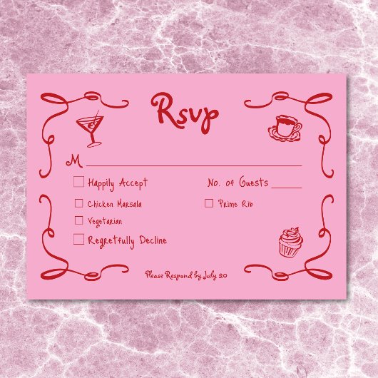 Whimsical Retro Hand getekend Roze Rood Trouwdiner RSVP Kaartje