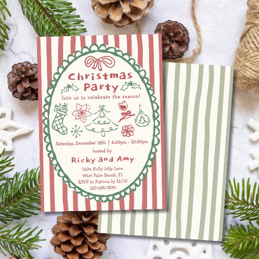 Whimsical Retro Hand Getekende Rode Kerstfeest Kaart