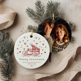Whimsical Retro Kersttruck Familiefoto Keramisch Ornament