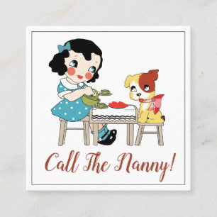 Whimsical Retro Kind en hond Tea Party Nanny Vierkante Visitekaartje