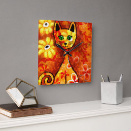 Whimsical Retro Kitty Kat Abstract Art Sinaasappel Vierkante Klok