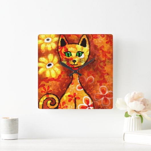 Whimsical Retro Kitty Kat Abstract Art Sinaasappel Vierkante Klok (Huis)